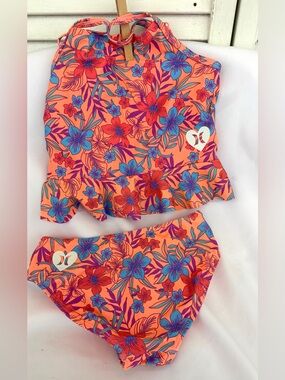 Hurley Girls Floral Swim Tankini adjustable straps- Coral, Blue Tropical